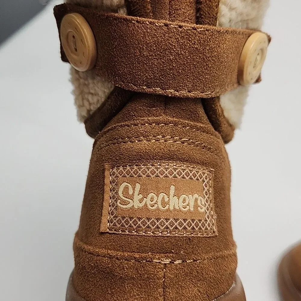 Skechers Boots Chestnut Brown Faux Sherpa Suede Women 10 Flat SN48676 Shoe Ankle